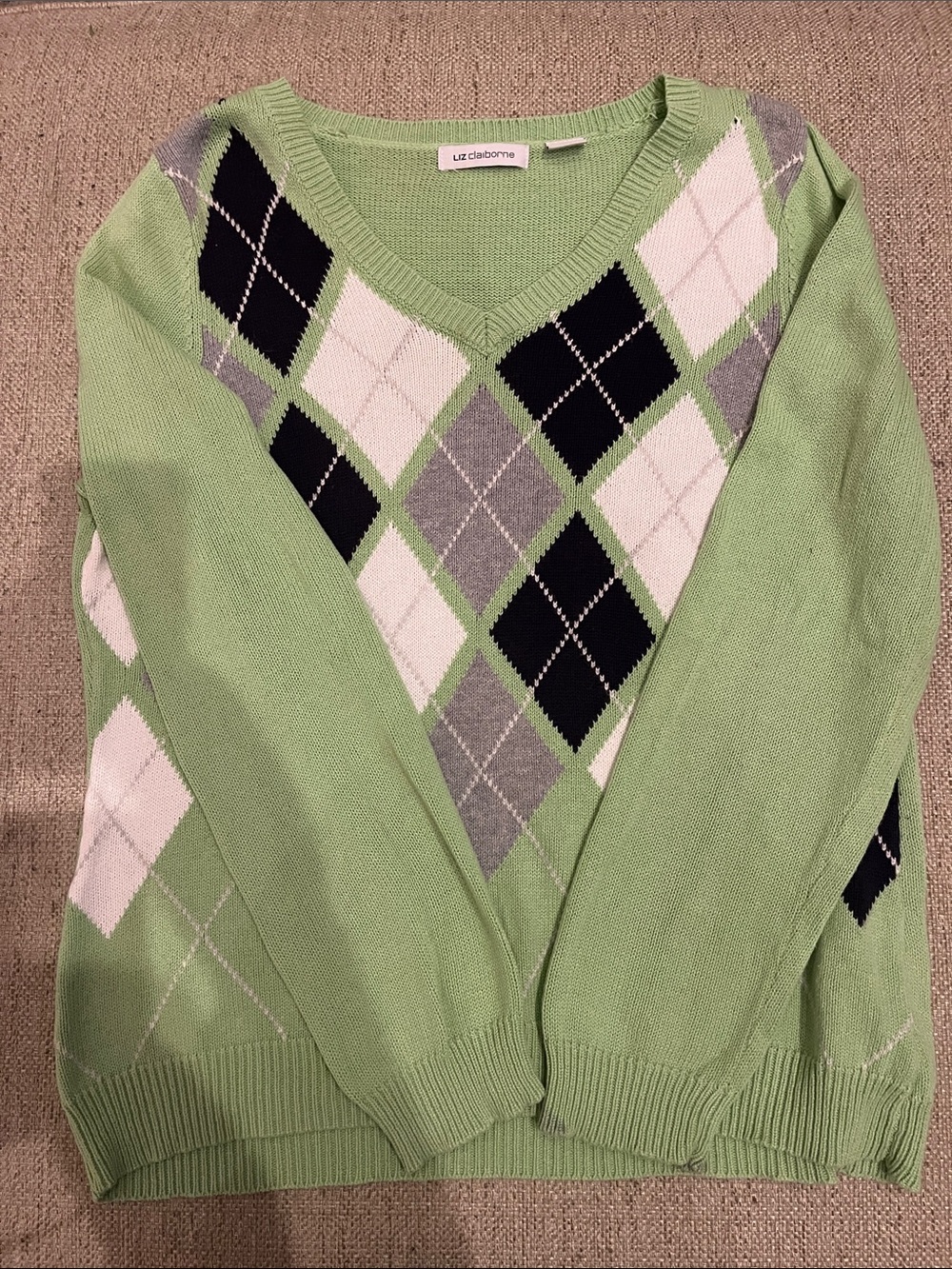 Liz Claiborne Light Green Argyle V-Neck Sweater with Black & Gray Accents L